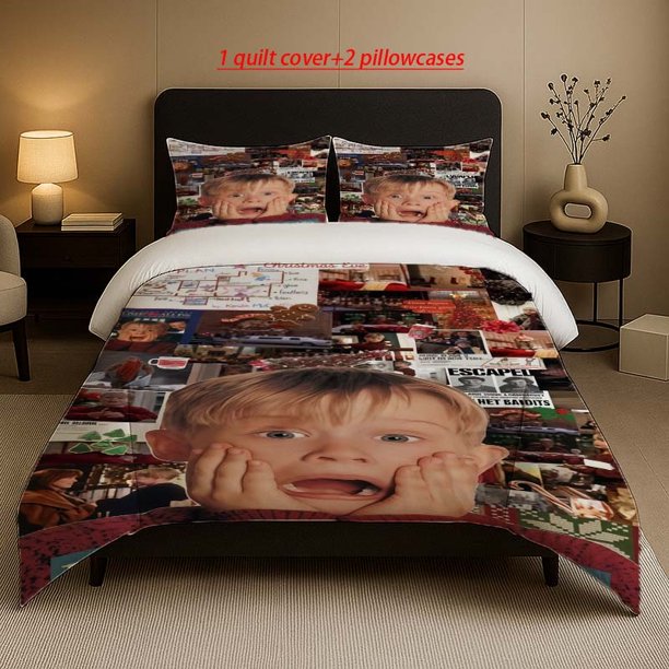 Christmas Classic Comedy Home Alone Collage Pattern Three-Piece Set Soft And Comfortable Bedding Set Available in All Seasons