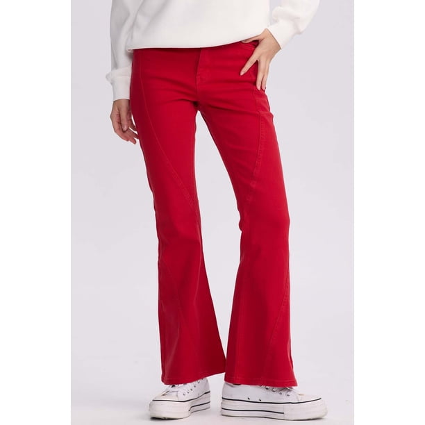Jeans Mujer Flare Color Line Rojo Oscuro