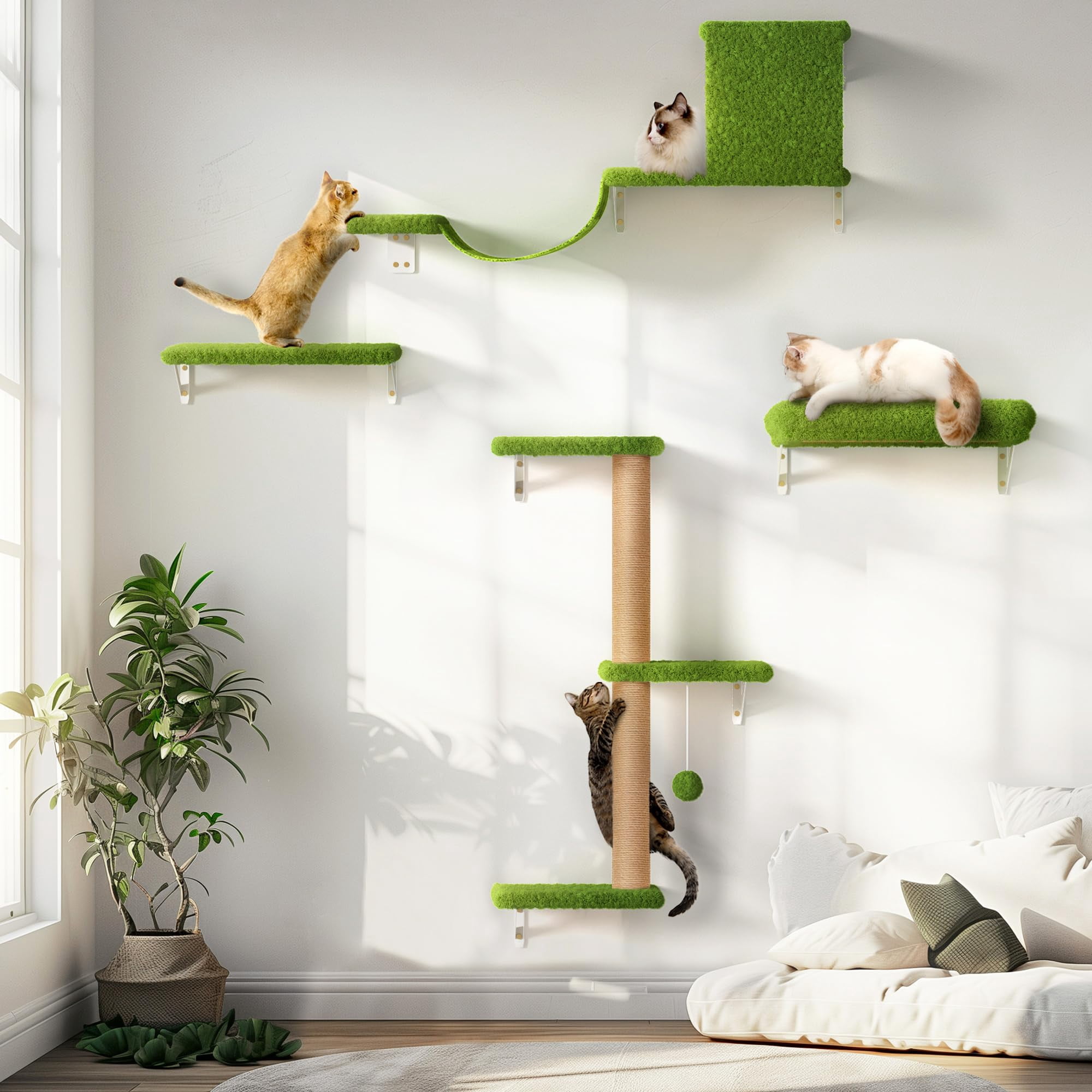 Juego De Estantes De Pared Fukumaru Para Gatos, 4 En 1, Con Rascador, Color Verde