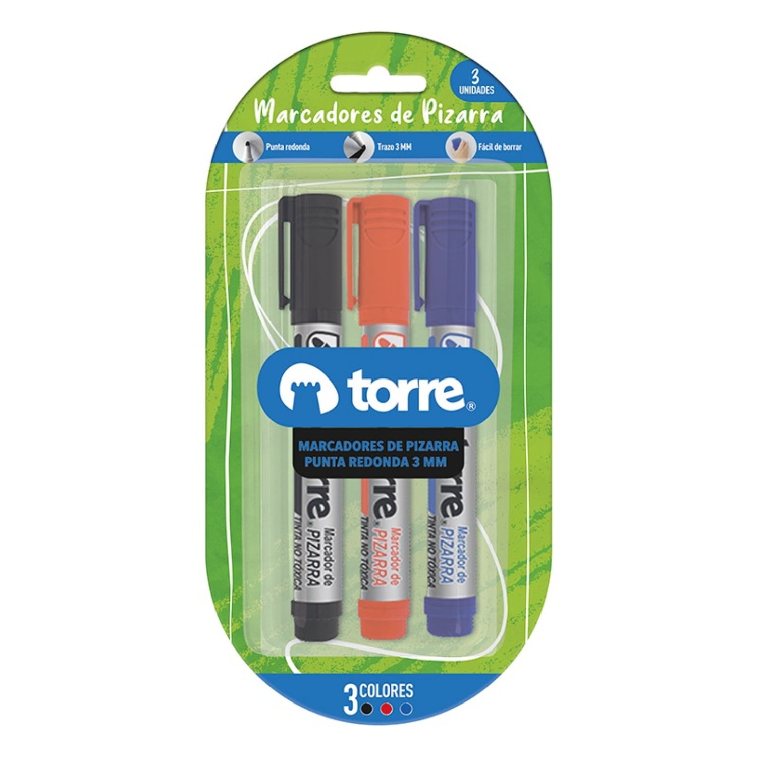 Torre - Set 3 Marcadores Pizarra Pta Redonda Negro – Rojo – Azul –
