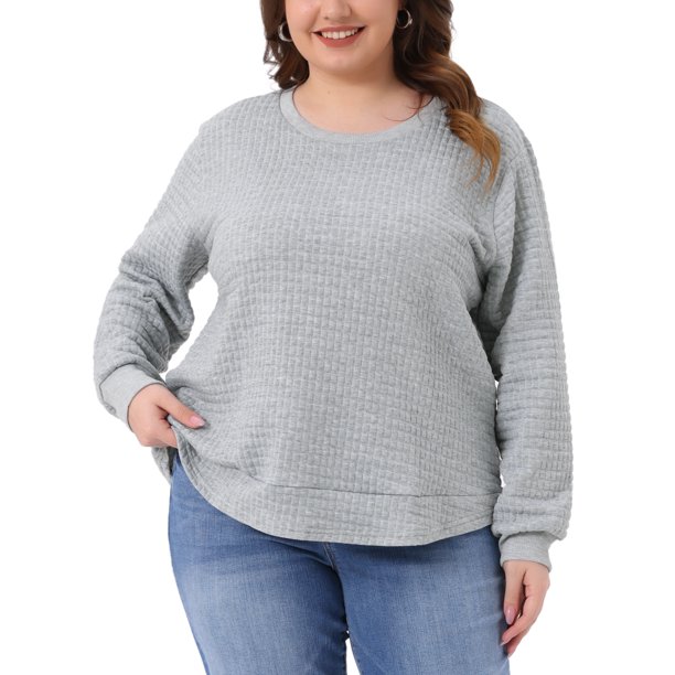 Agnes Orinda Sudadera de Punto de Gofre para Mujer Talla Grande para Escuela y Universidad Cuello Redondo Manga Larga Camiseta Casual con Dobladillo Curvado 5X Gris Plateado