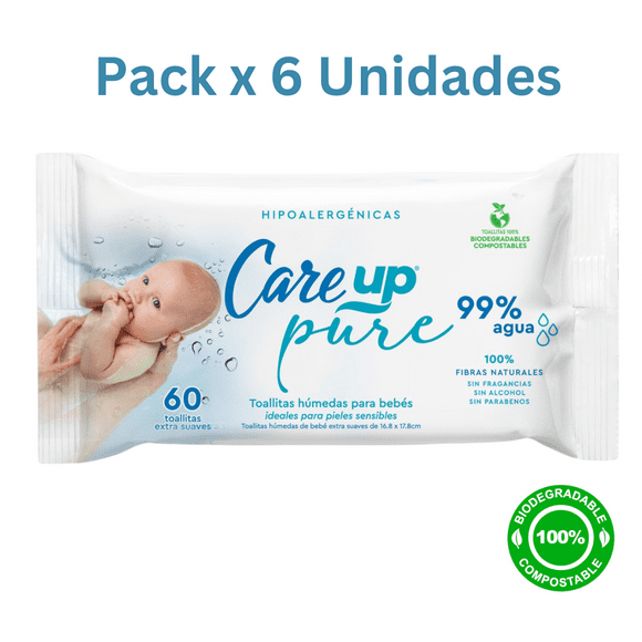 Toallitas Húmedas Care Up Bebé Pure 99% Agua 6 Paq X 60 U/c