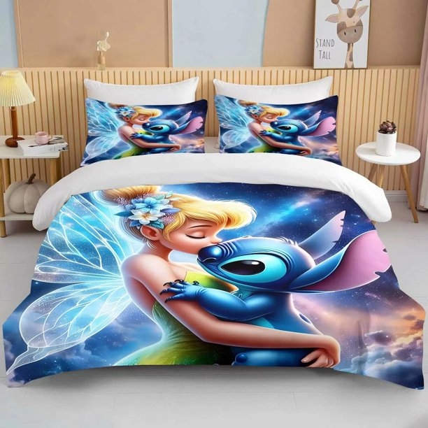 Princess Fairies Bed Covers Bedding Set,Modern Printed 3-Piece Set Queen Comforter Sets Stitch /Tinker Bell Bed Linen Bed Sheets