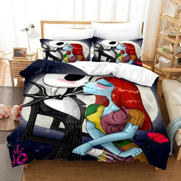 x2332 Bed SheetsCartoon Cute Jack And Sally Bedding Sets Children Baby Boys Girls Adult Duvet Cover set Pillowcase Comforter Cover 3-Piece Bedding Set (1 Duvet Cover + 2 Pillow Shams) nj2332