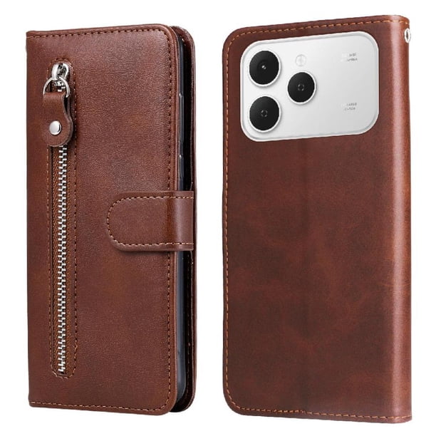Funda tipo cartera para Tecno Spark 40 4G con bolsillo con cremallera y ranuras para tarjetas – Función de soporte Marrón