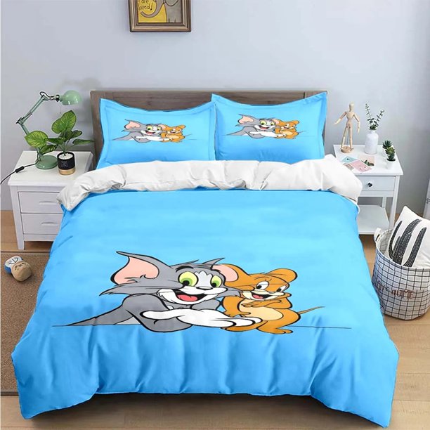 v2128 Bed Sheets Tom And Jerry Cartoon Anime Duvet Cover Set, Home Duvet Cover Pillowcase Boy Girl Bedding Set, Bedroom Decoration /pcs. 3-Piece Bedding Set (1 Duvet Cover + 2 Pillow Shams) Bed Sheets