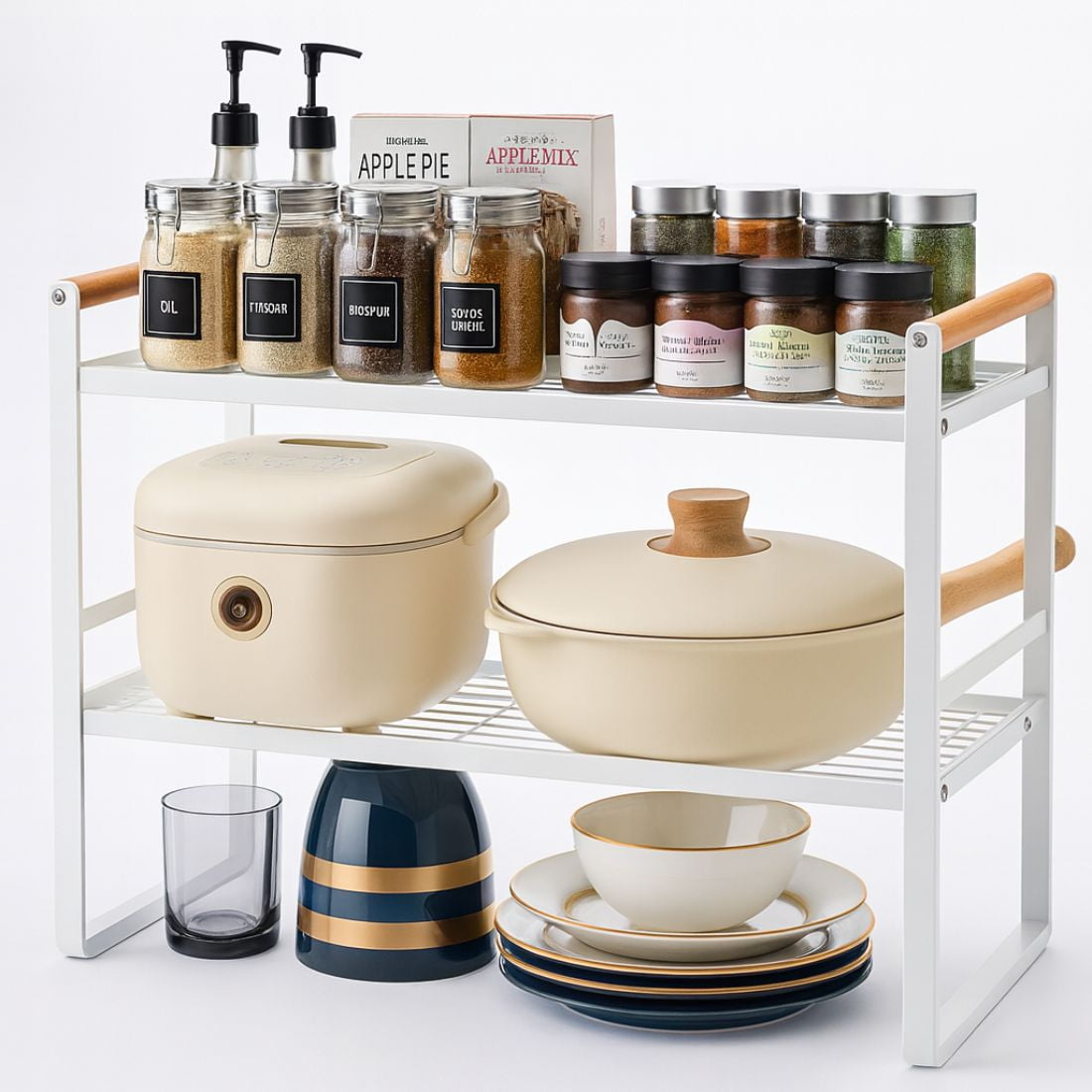 Chic Haus - Repisa Organizador Cocina Acero Madera 2 Niveles 54cm Ancho Blanco