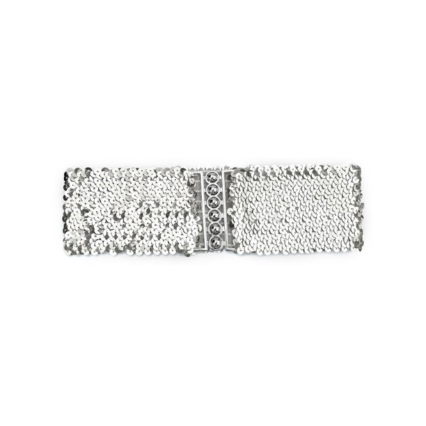 INSPIRE CHIC Cinturón de Cintura Elástico con Decoración de Lentejuelas y Hebillas Metálicas Entrelazadas para Damas Talla Única Plata