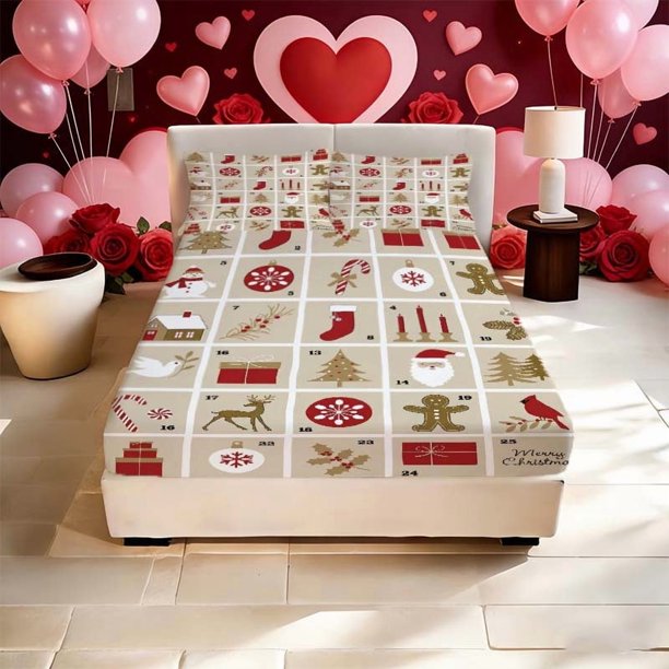 Christmas Calendar Illustration Printed Fitted Sheet and Pillowcase Set Bedding Set | 1 Fitted Sheet + 2 Pillowcases (No Pillow Inserts) | Full/Double/Queen/Kin