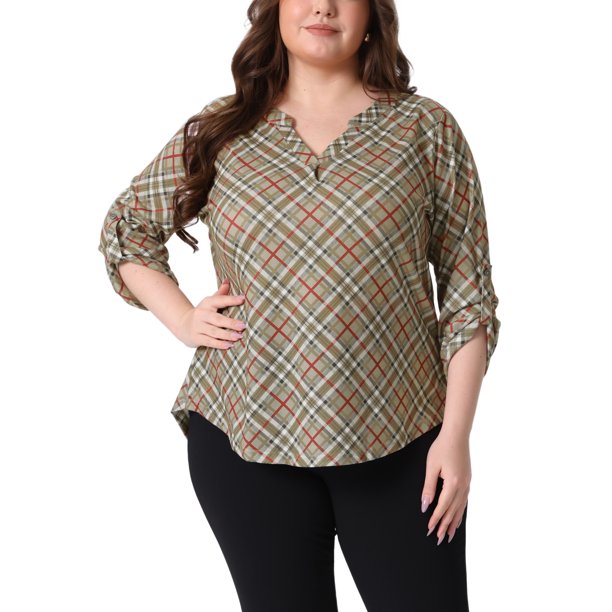 Agnes Orinda Blusa Casual para Mujer de Talla Grande, Parte Trasera con Pliegues, Cuello en V, Mangas 3/4, Estilo Suelto a Cuadros, Talla 3X, Color Caqui