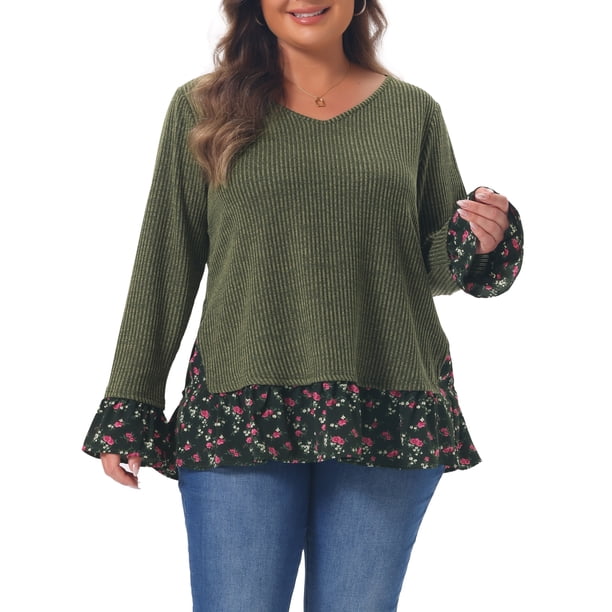 Agnes Orinda Conjuntos de Halloween Blusas Túnicas de Talla Grande para Mujer Tejido de Punto Acanalado con Parche Floral Volante en el Dobladillo Escote en V Manga Larga Blusa Casual 3X Verde Militar