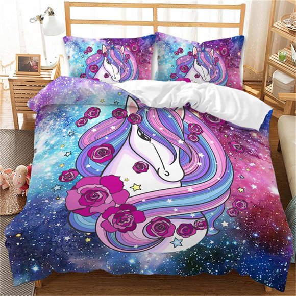 Colorful Luminous Unicorn Print Bedding Set Cartoon Animal Pattern Duvet Cover Bedroom Decor With Pillowcases For Girls Gift Bed Sheets