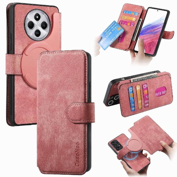 Funda Billetera Magnética para Xiaomi Redmi 14C Soporte Tarjetas Desmontable Rosa