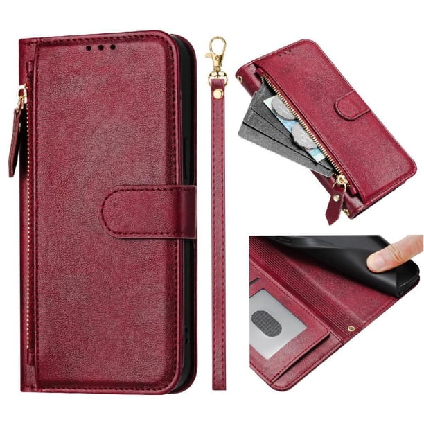 Funda tipo cartera para Realme C61 con bolsillo con cremallera, tarjetero, soporte, correa para la muñeca y tapa de cuero Rojo