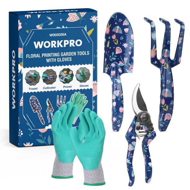 Juego de herramientas de jardín WORKPRO de aluminio, 4 piezas, con paleta, rastrillo y podadora