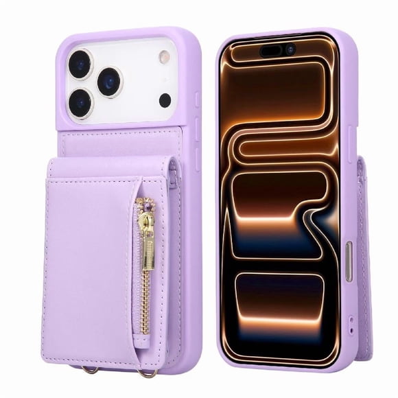 Funda tipo cartera para iPhone 17 Pro con bloqueo RFID, correa cruzada y soporte Morado
