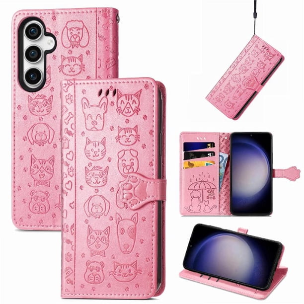 Funda Cartera FOXDOCK para Samsung Galaxy S23FE , Flip PU con Relieve de Gatos y Perros, Tarjetero y Soporte