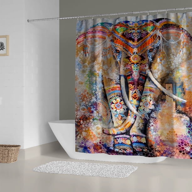 1pc Elephant Flower Shower Curtain Set - Soft and Durable Bathroom Compartment Shower Curtain with 12pcs Plastic Hooks