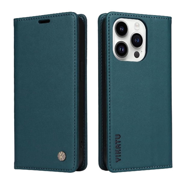 Funda Billetera de Cuero para iPhone 15 Pro con Tarjetero y Soporte - Tapa Magnética Azul