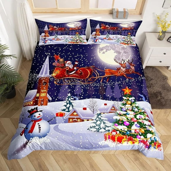 Christm-as Trees D-u-t Co-ve-r Queen Size Sa-nta Claus- and Snowman Comfort-er Cover with 2 Pillow-case for Te-ens Adults Kids S-tarry Sky Be-dding Set Snow Sc-ene Brea-thable 3 Pieces D-ecorative