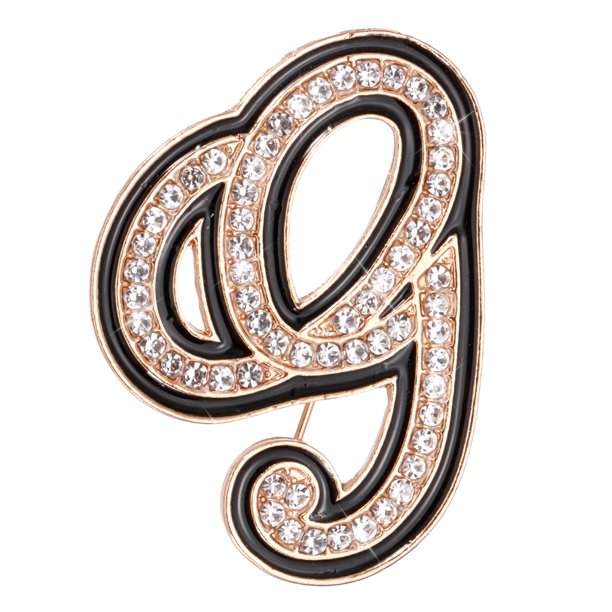 Uxcell Broches de Letras con Diamantes de Imitación, Broches de Letra Inicial G Broches de Metal Cristal Alfabeto A-Z Pin de Solapa Borde Negro para Mujeres Joyería Regalo, Tono Dorado