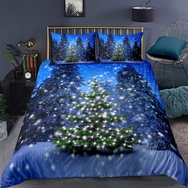 Christmas Tree Duvet Cover Santa Claus Christmas Night Scene Decor Comforter Cover for Family Teens Merry Christmas Theme Decor