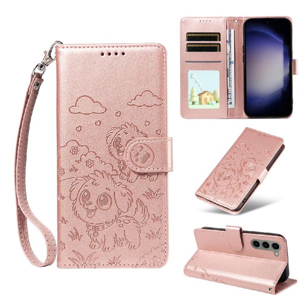 Funda Cartera para Samsung Galaxy S23 Perro Cachorro Grabado con Tarjetas Soporte Correa Rosa