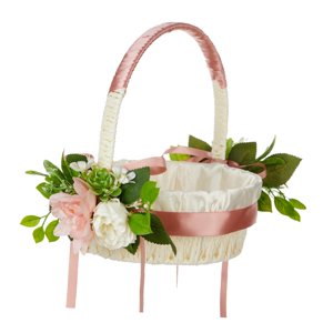 Bothyi - Cesta De Bodas Con Mango De Suministros De Boda Plantas Verdes Canasta De Flores De Satén Rosa