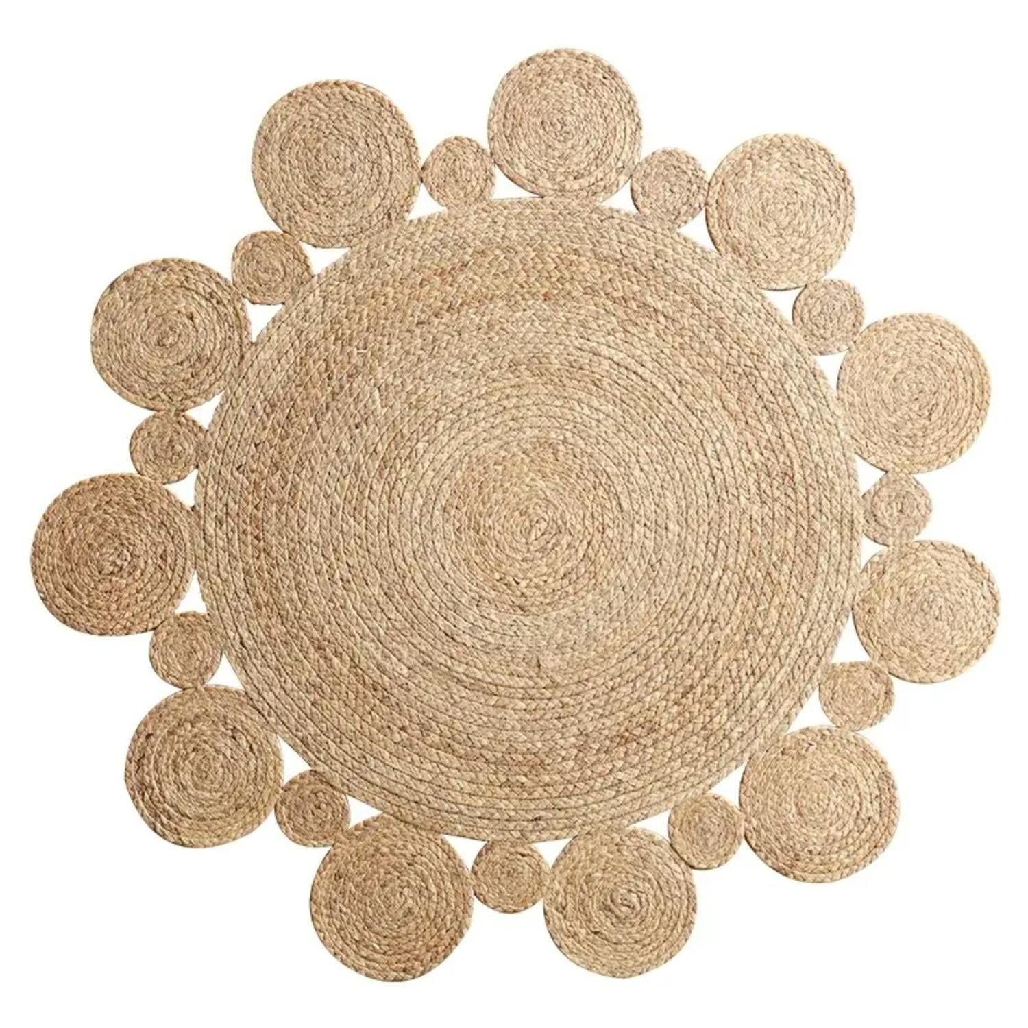 Fliperex - Alfombra Redonda De Yute Borde Circulos Intercalado Natural