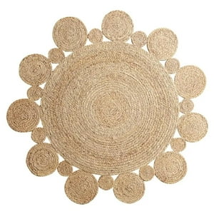 Fliperex - Alfombra Redonda De Yute Borde Circulos Intercalado Natural Cafe