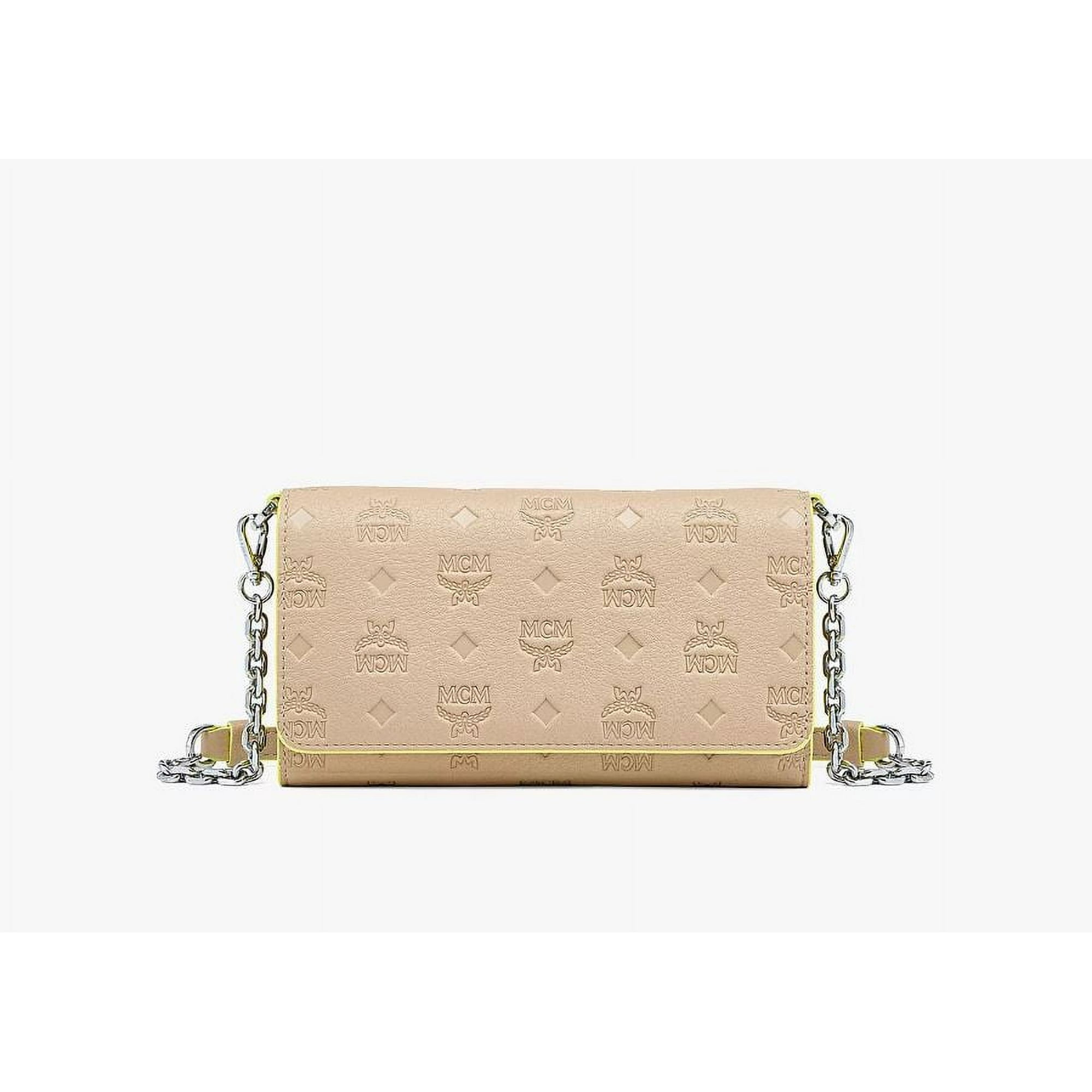 Bolso De Mano Mcm Tipo Folio Con Monograma Y Visillos De Cuero Para Mujer Beige