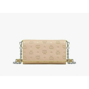 Bolso De Mano Mcm Tipo Folio Con Monograma Y Visillos De Cuero Para Mujer Beige