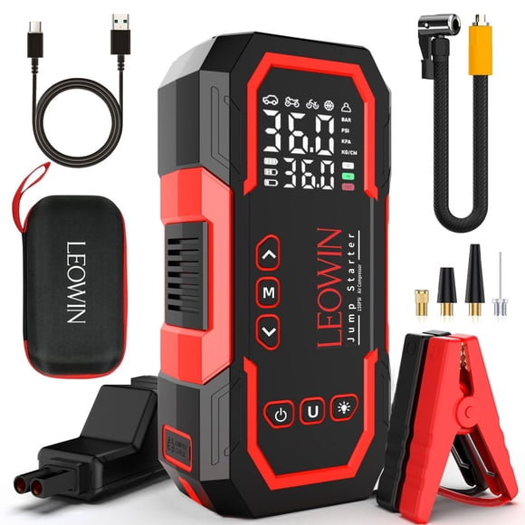 Arrancador portátil LEOWIN con compresor de aire rojo