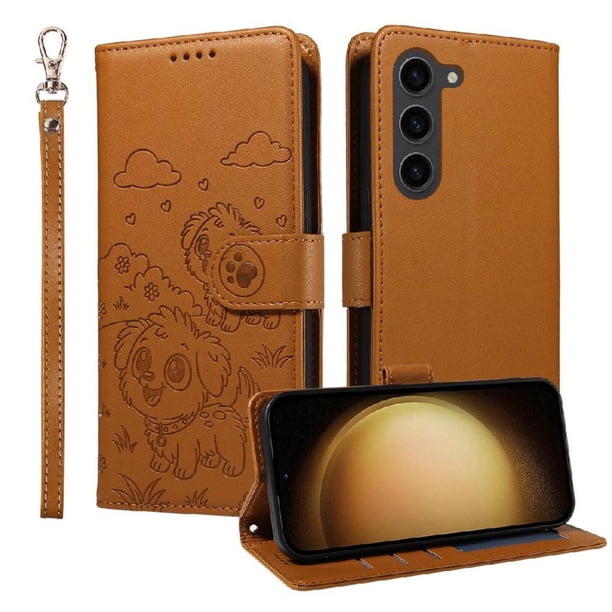 Funda Cartera para Samsung Galaxy S23 Plus Perro Cachorro Grabado con Tarjetas Soporte Correa Marrón