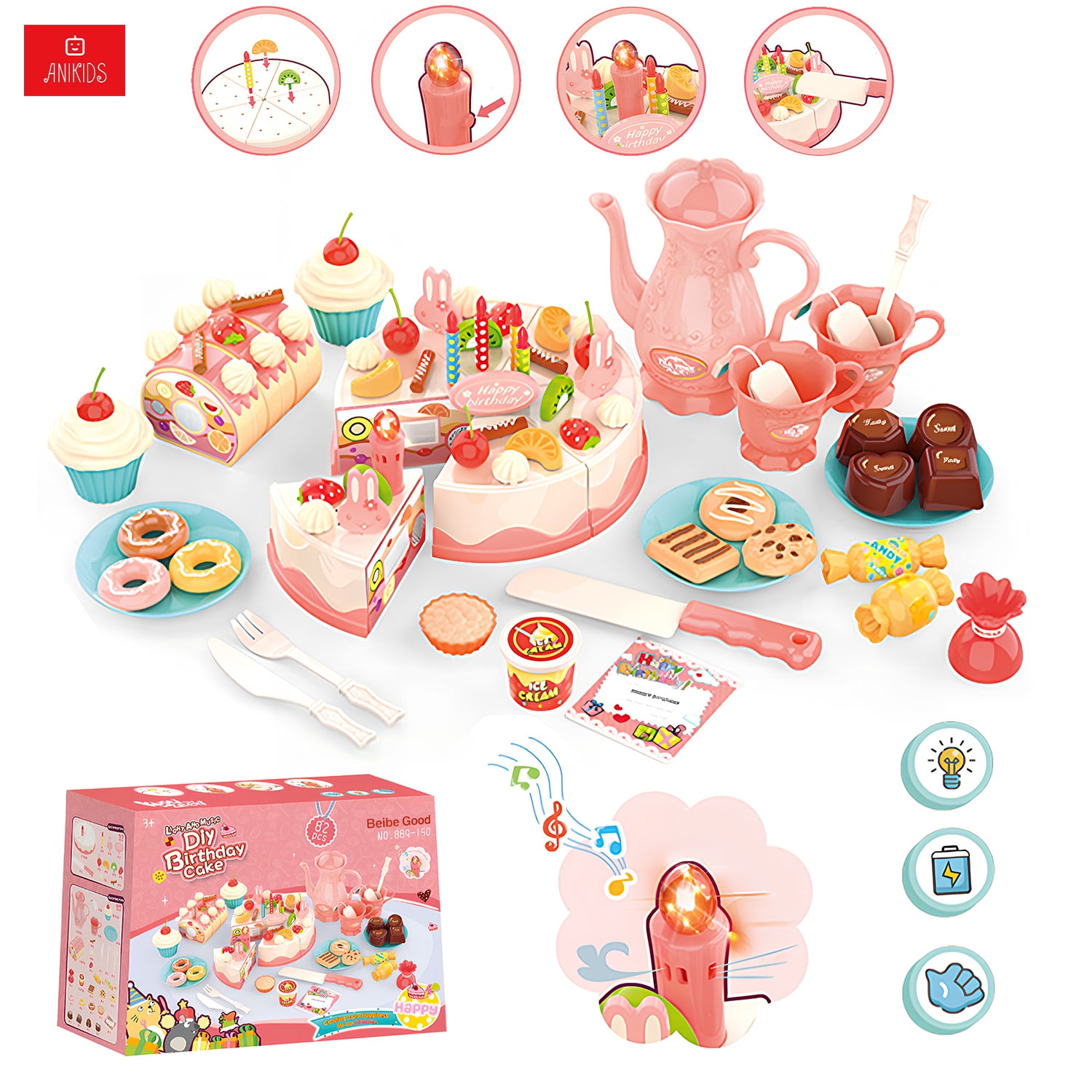 Anikids - Juguete Torta Cumpleaños Con Luz Y Música 82pcs Juego Niños