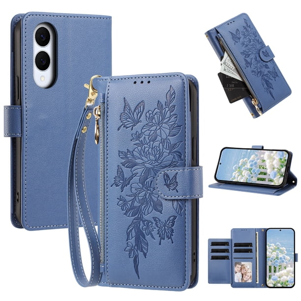 Funda Billetera Floral en Relieve samsung galaxy S25 edge con Tarjetero y Cremallera Azul