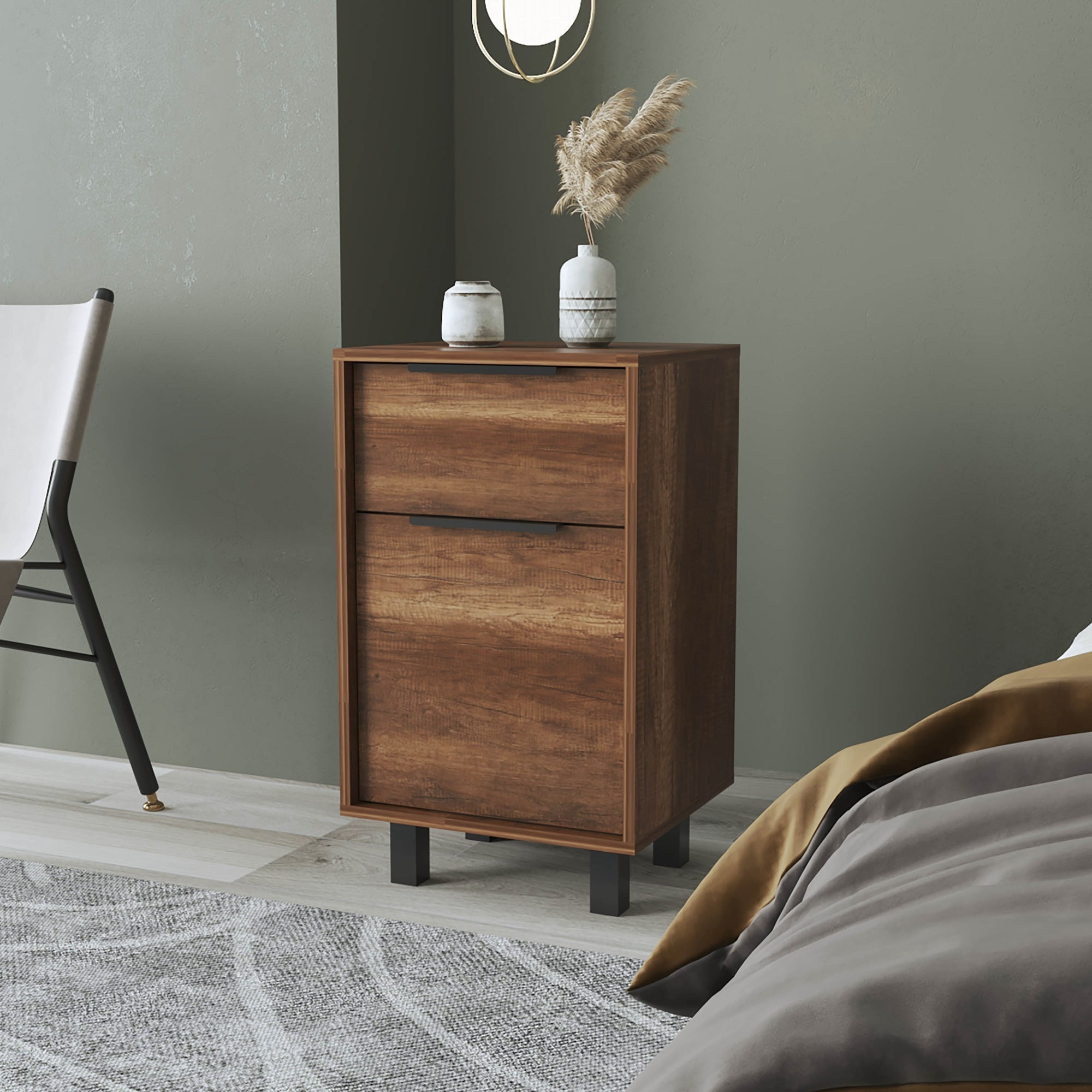 Tuhome - Velador Kaia 1 Cajón 1 Puerta Caramelo Y Wengue 70x41x36 Cm