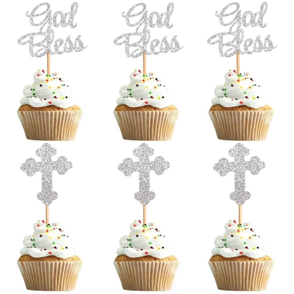 Topers Para Cupcakes Dios Te Bendiga Cruz Con Brillo Plateado X24