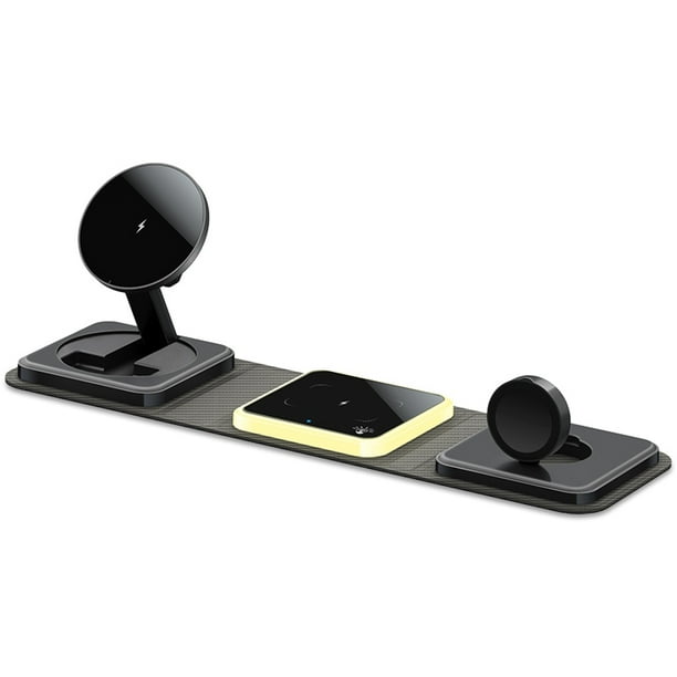 Cargador inalámbrico 3 en 1 con carga rápida de 15 W, diseño plegable, alineación magnética para teléfono, reloj y auriculares, compatible con varios dispositivos, entrada Type-C.-Negro