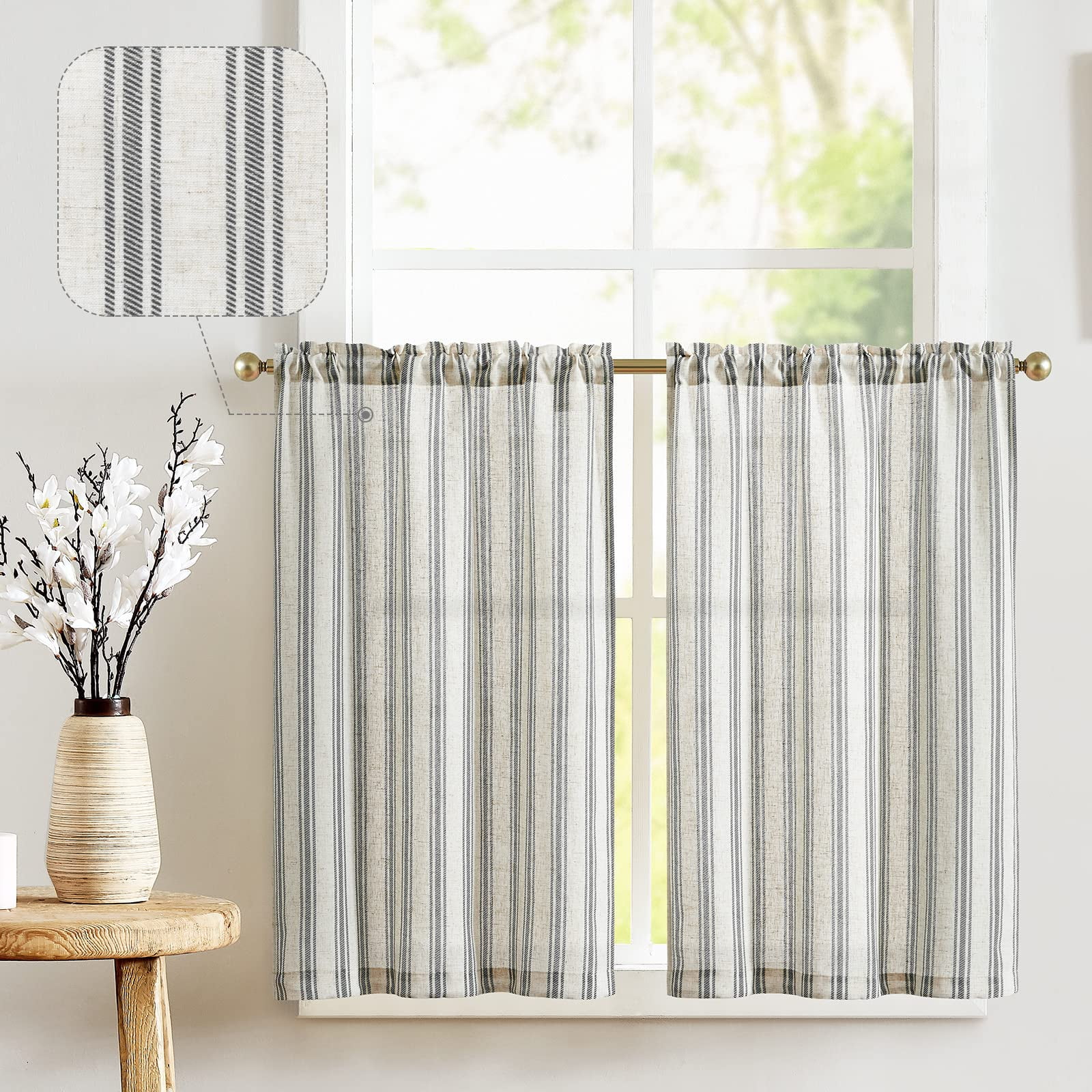 Cortinas Jinchan De Lino A Rayas, 66 X 61 Cm, Tipo Granja, 2 Paneles
