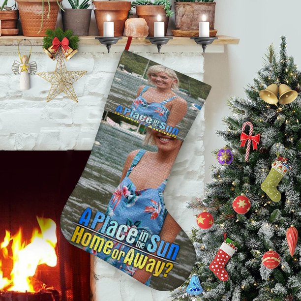 Un Lugar en el Sol Tema: Calcetines de Navidad, fino lino blanco para colgar en escaleras y chimenea, decoración navideña para el hogar, regalo de Navidad. 45cm × 32cm