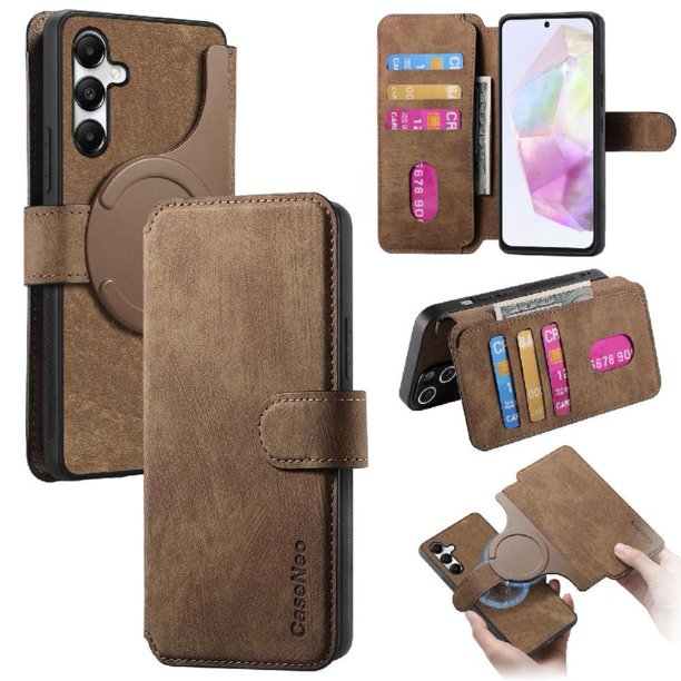 Funda Billetera Magnética para Samsung Galaxy A35 5G Soporte Tarjetas Desmontable Marrón