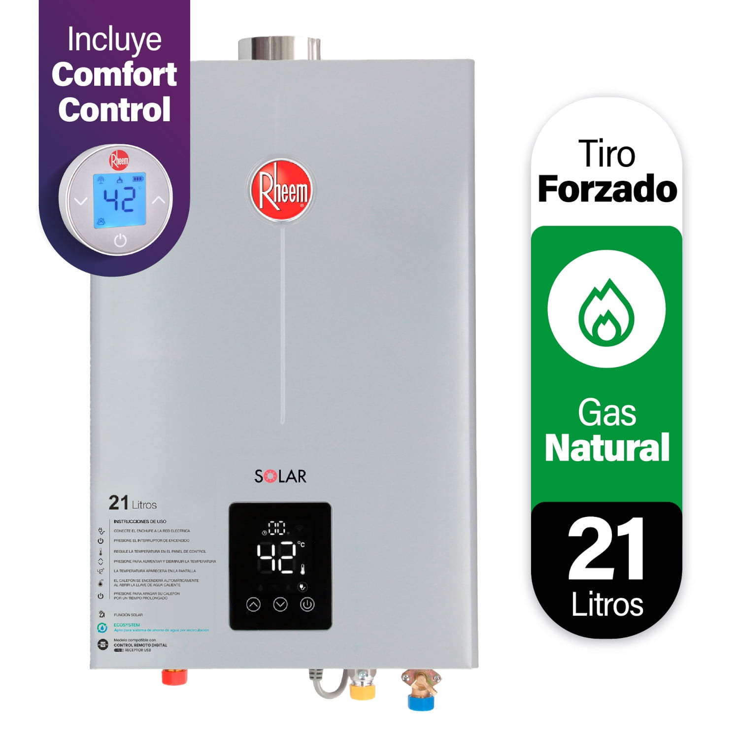 Calefont 21 L Gas Natural T. Forzado Con Control Digital Rheem