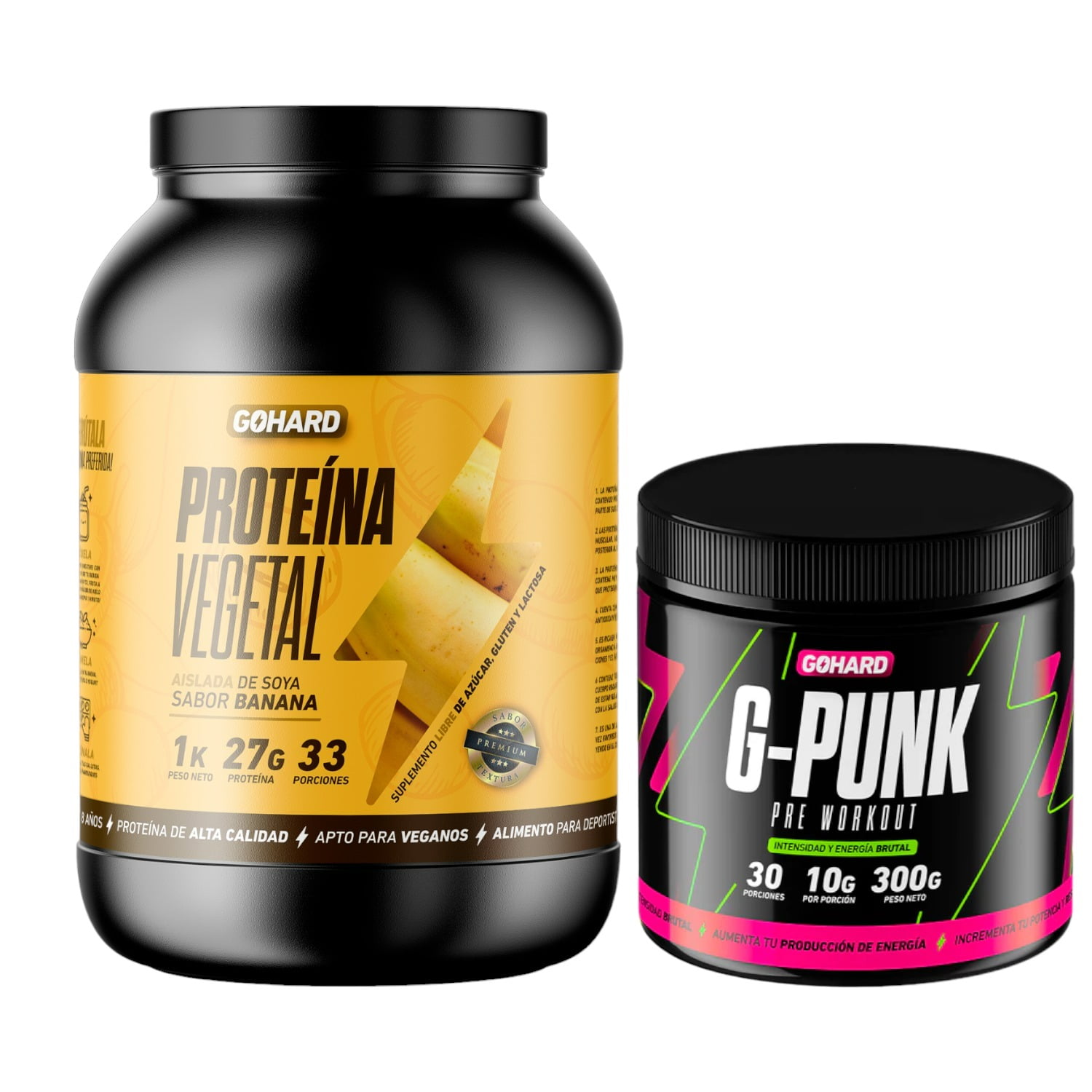 Gohard - Proteina Vegetal 33 Serv. 1kg Banana & Pre Entrenamiento G-punk 30 Serv