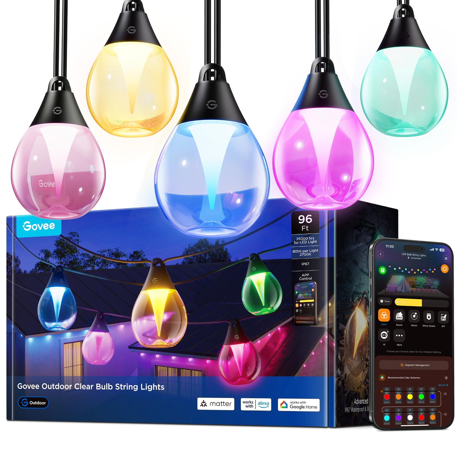 Cadena De Luces Para Exteriores Govee Rgbwic De 96 Pies Con 30 Led De Color Blanco Cálido