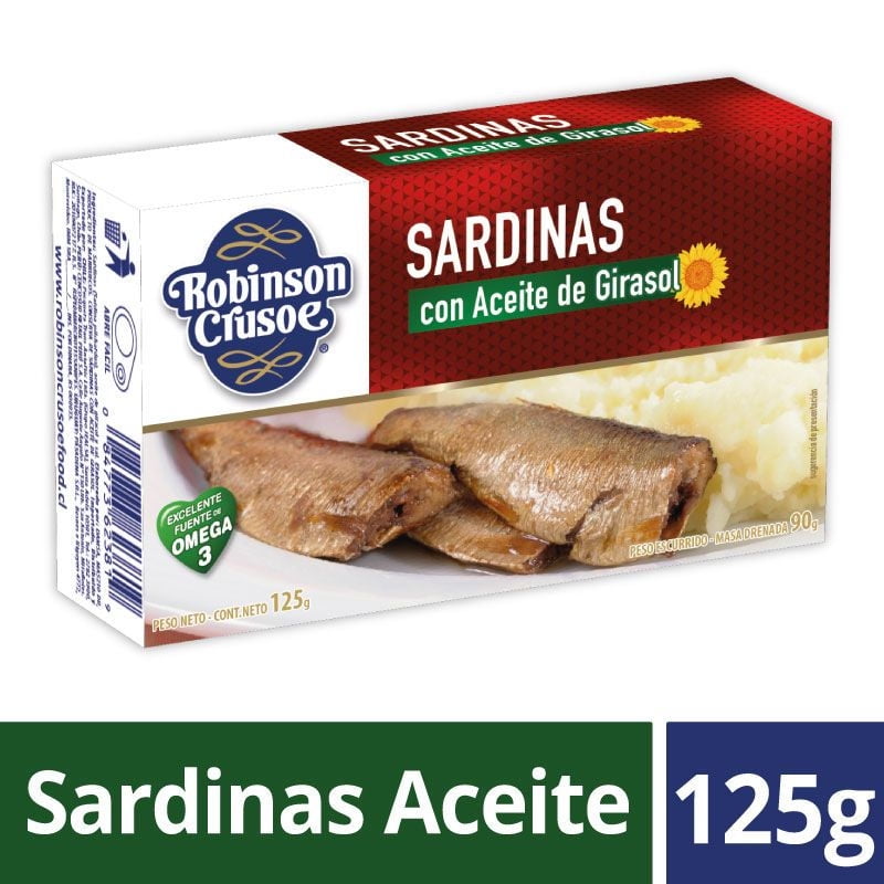 Sardina Aceite De Girasol Caja Drenado 90 g - Neto 125 g Robinson Crusoe