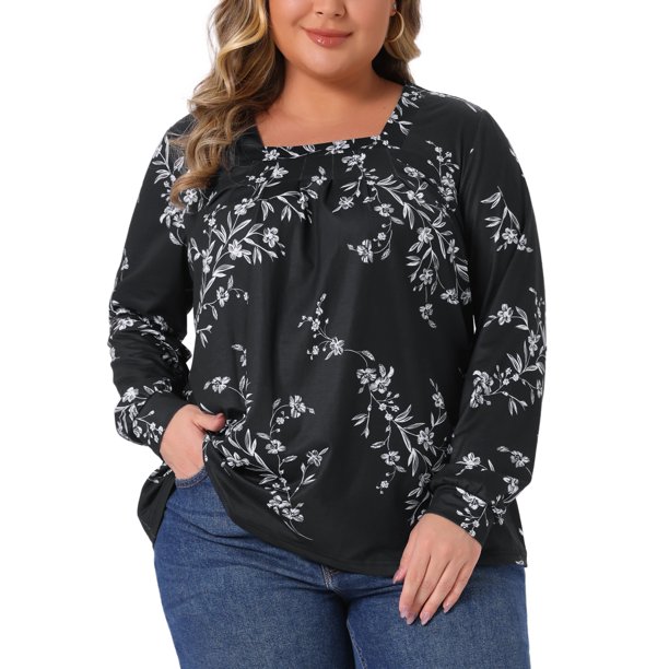 Agnes Orinda Conjuntos de Halloween Tallas Grandes Tops con Estampado Floral para Mujeres Cuello Cuadrado Manga Larga Blusas Elegantes Informales 4X Negro
