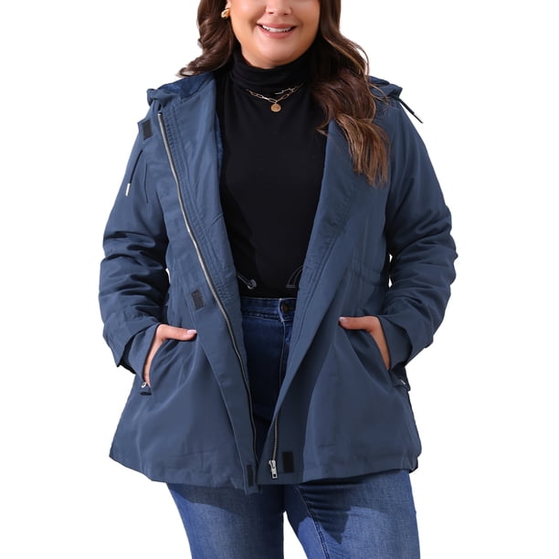 Agnes Orinda Chaqueta de Lluvia para Mujer Talla Grande Impermeable con Forro de Felpa Chaquetas con Capucha Rompevientos Abrigo Largo con Bolsillos 1X Azul Marino