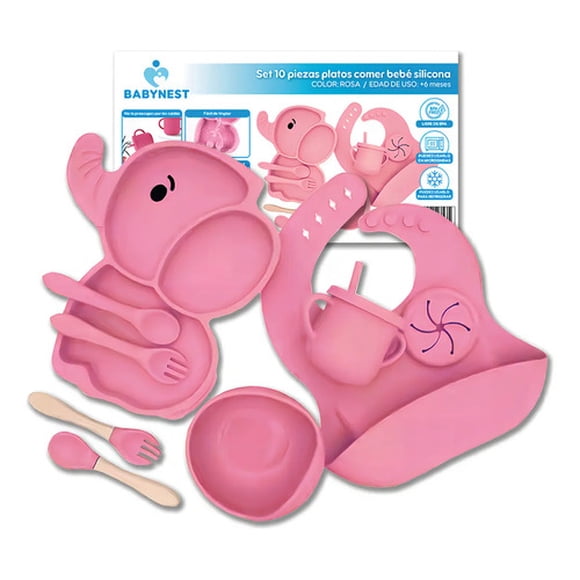 Set 10 Piezas Platos Comer Bebé Silicon Color Rosa Rosado