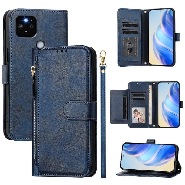 Funda tipo cartera para Google Pixel 5 XL con bolsillo con cremallera, tarjetero, soporte, correa para la muñeca y tapa de cuero azul